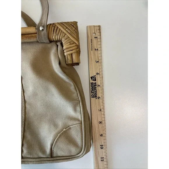 Vintage Rattan Handle Tan Canvas Satchel Purse Attached Coin Purse Boho Retro‎ - Picture 12 of 13